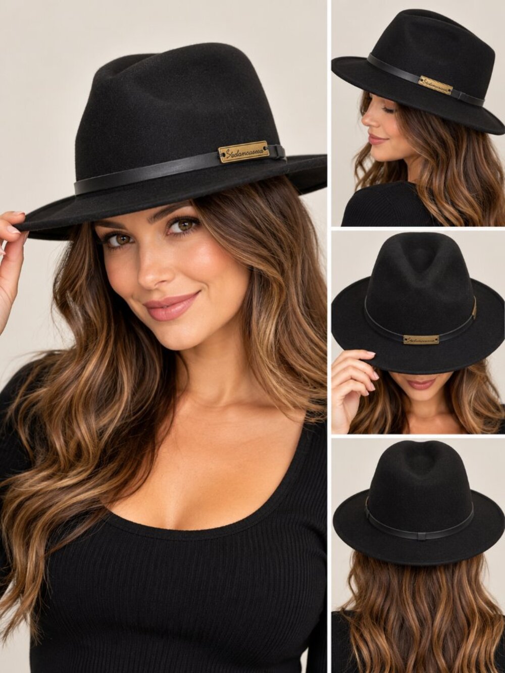 Sedancasesa Black 100% Wool Felt Fedora Hat Medium Wide Brim